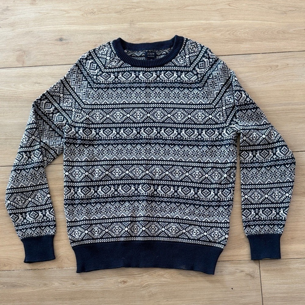 J.Crew Mens Fair Isle Bird Knit Cotton Sweater Navy White Crewneck Size M